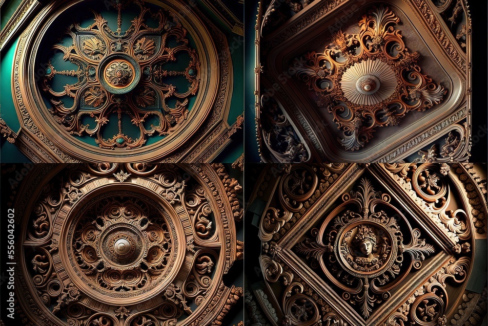 Poster a close up of a clock face on a wall with intricate designs on it's face and a clock on the wall. ge