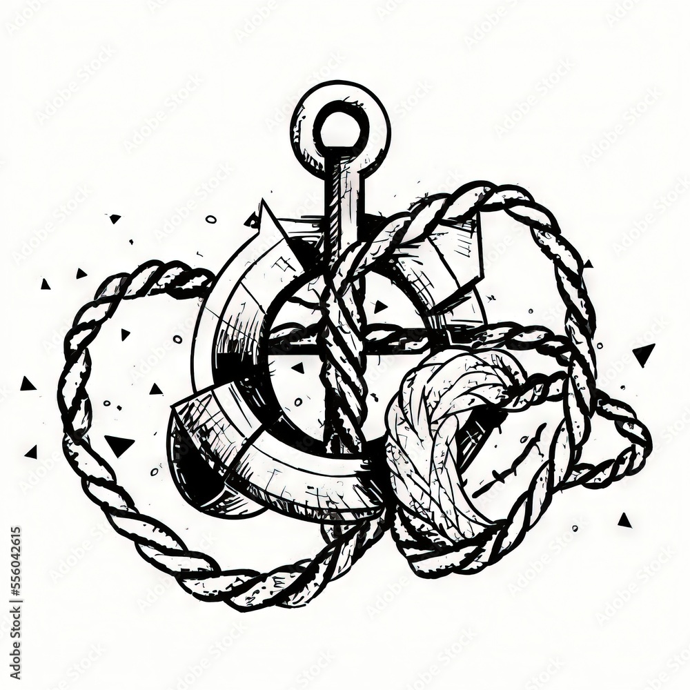 Poster a drawing of a anchor and rope with a knot around it on a white background with a black and white de
