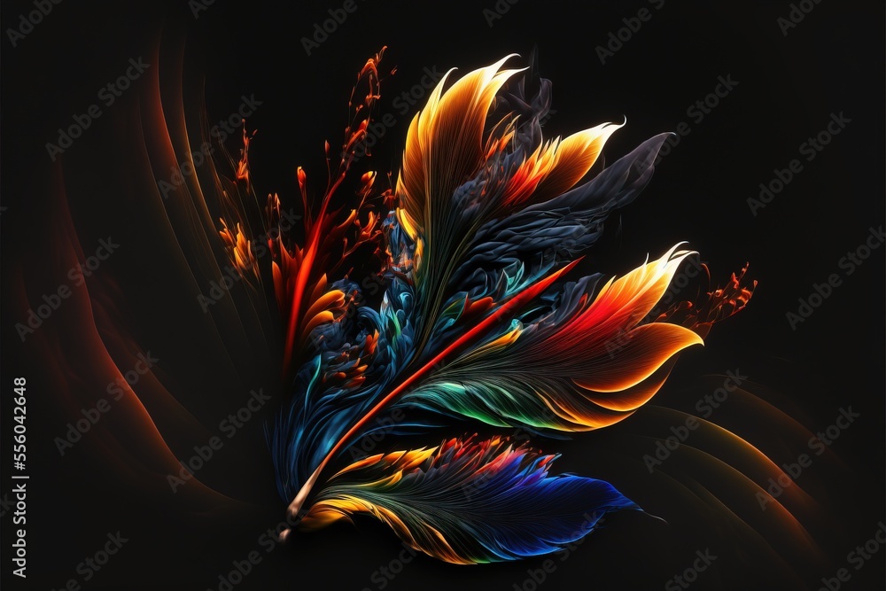 Poster a colorful feather on a black background with a black background and a black background with a black