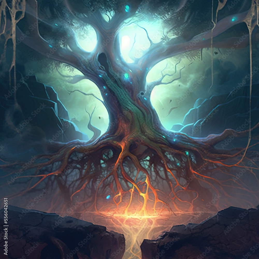 Poster a tree with a glowing light coming out of it's roots and a glowing light coming out of it. generativ