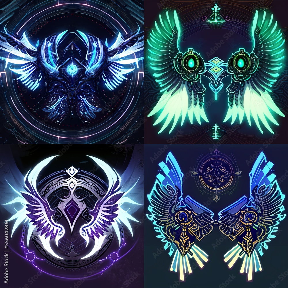 Poster a set of four different colored wings with a circular background in the background and a circular de