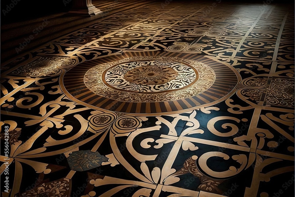 Poster a floor with a circular design on it in a room with a light coming through the window and a doorway.
