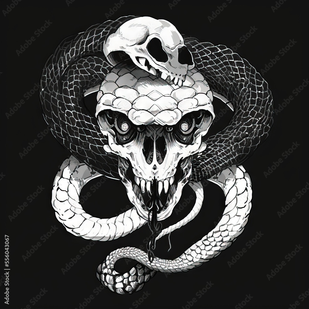 Poster a skull and a snake with a snake on it's head. generative ai