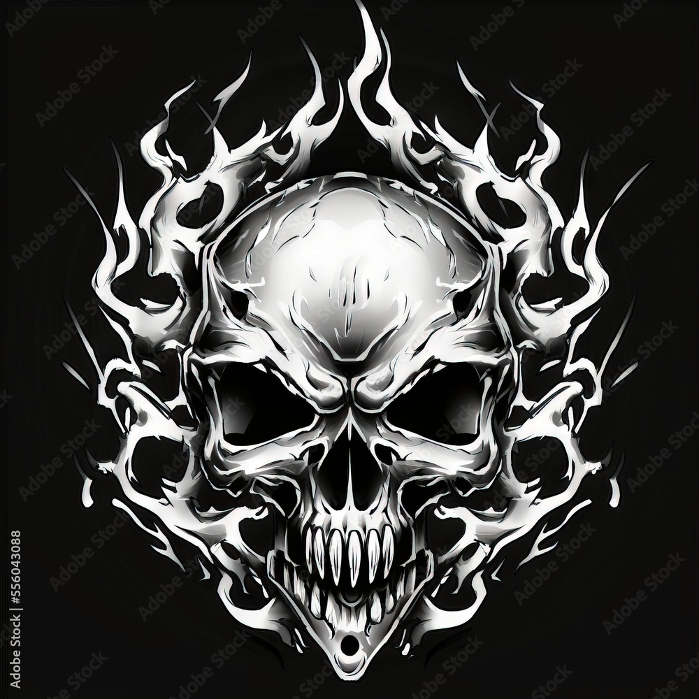Poster a skull with flames on it's head and a black background with a white outline on the front. generativ