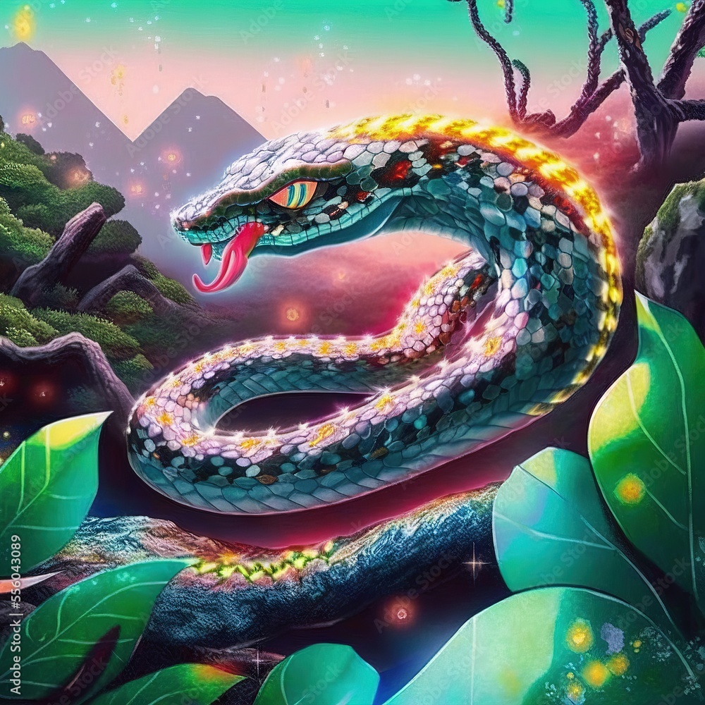 Poster a painting of a snake on a tree branch with a mountain in the background and a sky background with s