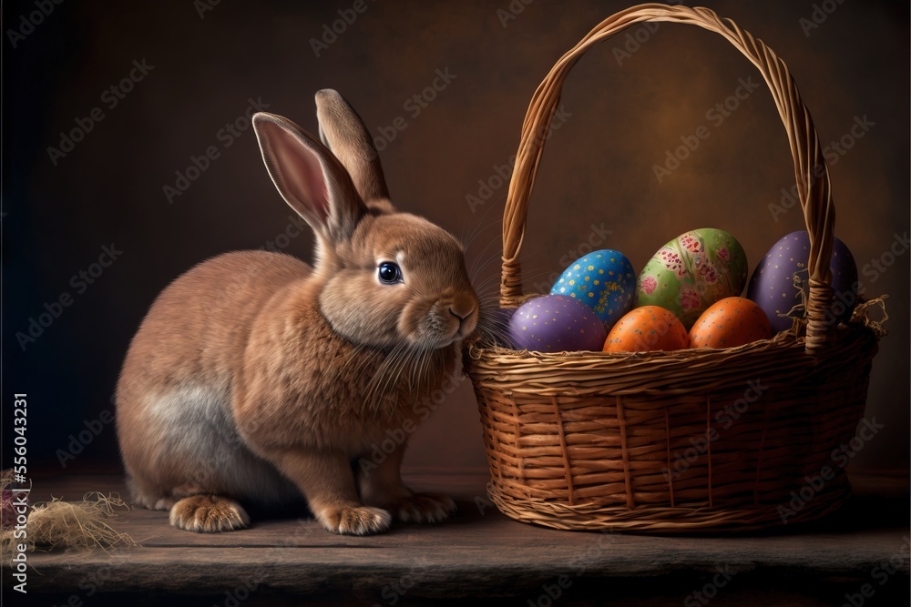 Poster a rabbit sitting next to a basket of eggs on a table with a brown background and a brown background.