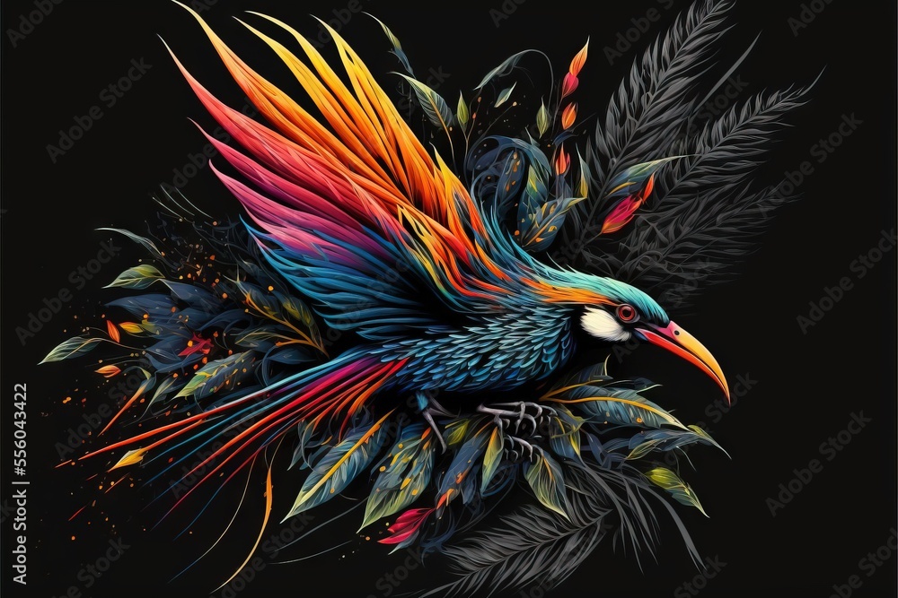 Poster a colorful bird with feathers on a black background with a black background and a black background w