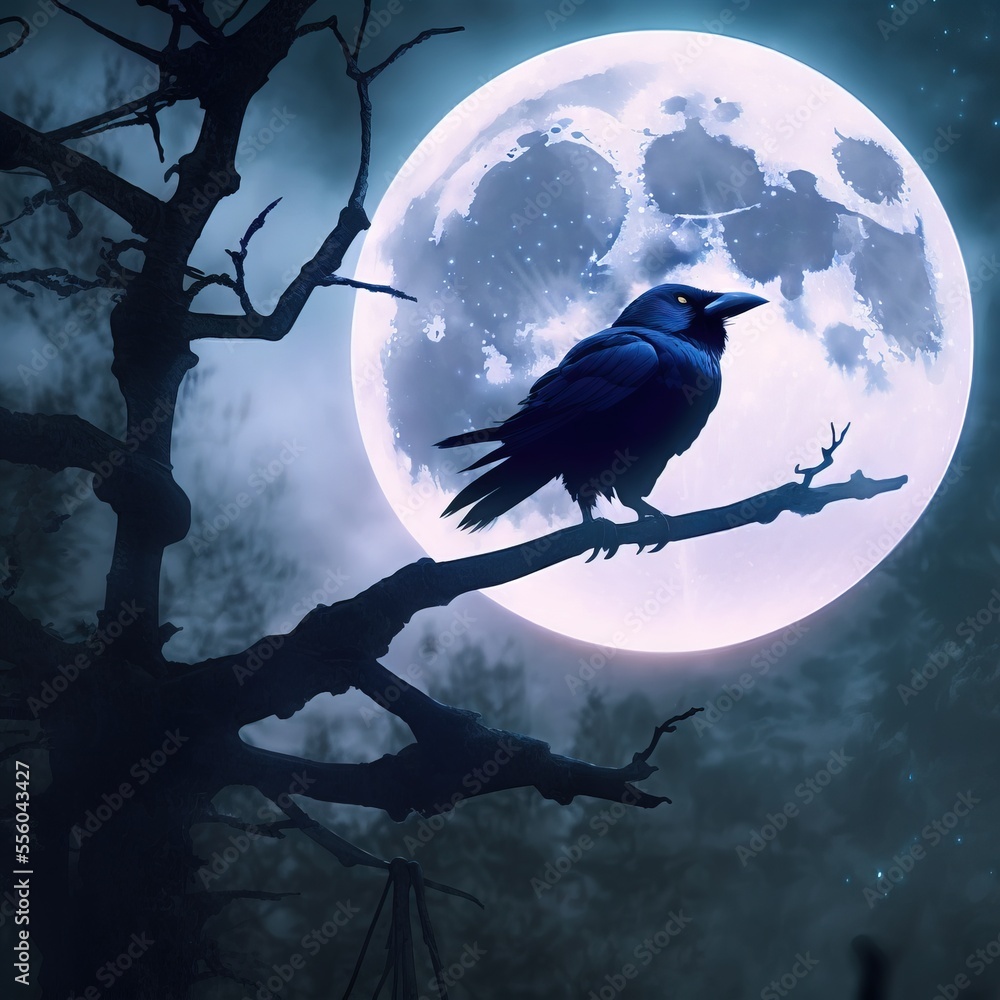 Poster a bird sitting on a branch in front of a full moon with clouds and stars in the sky. generative ai