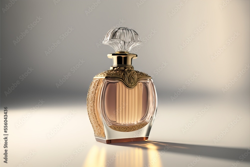 Poster a bottle of perfume sitting on a table with a shadow on the ground behind it and a light shining on 