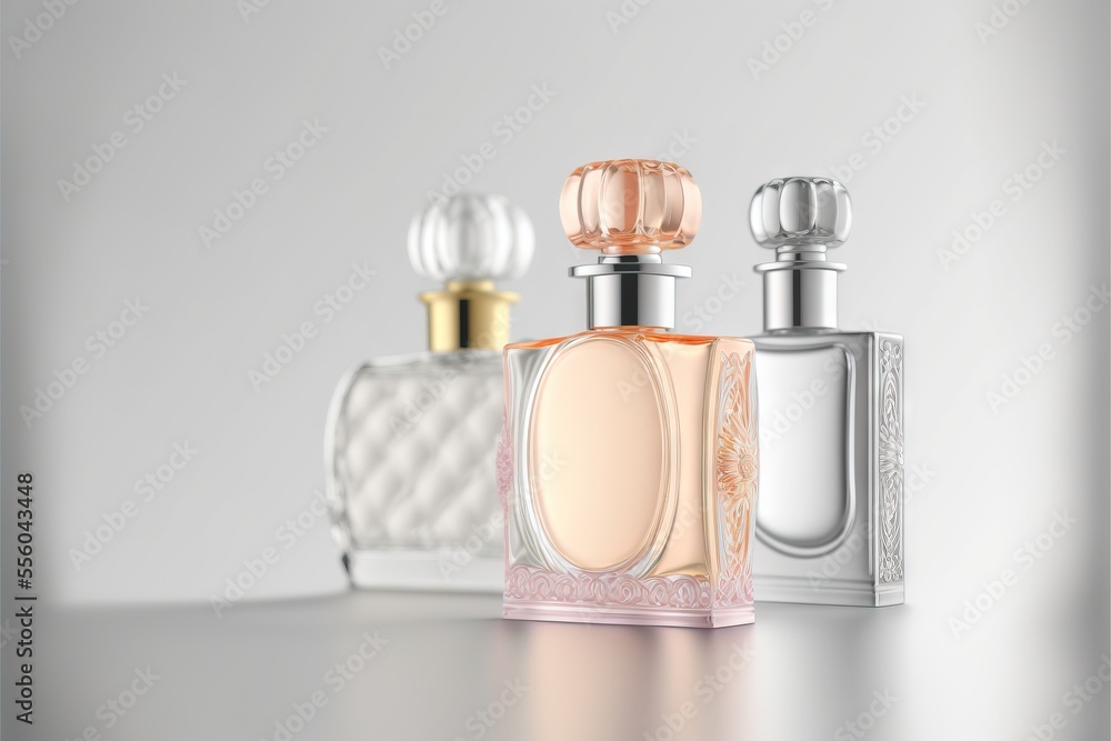 Poster two bottles of perfume on a table with a white background and a silver background with a white and g
