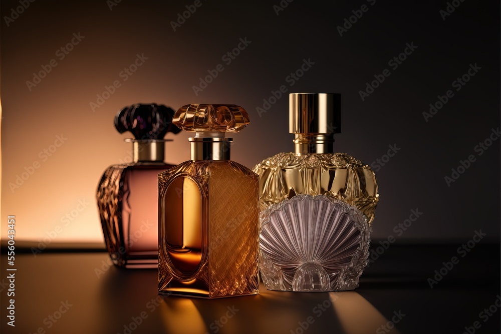 Poster three different colored bottles of perfume on a table with a light shining on them and a black backg
