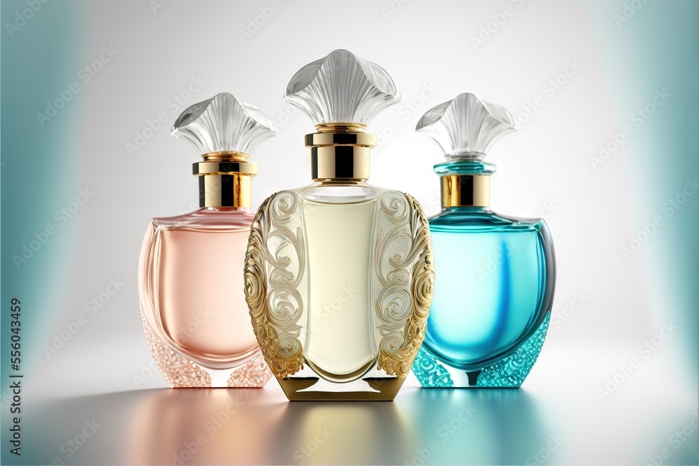 Poster three bottles of perfume with a blue background and a gold top one with a flower on it and the other