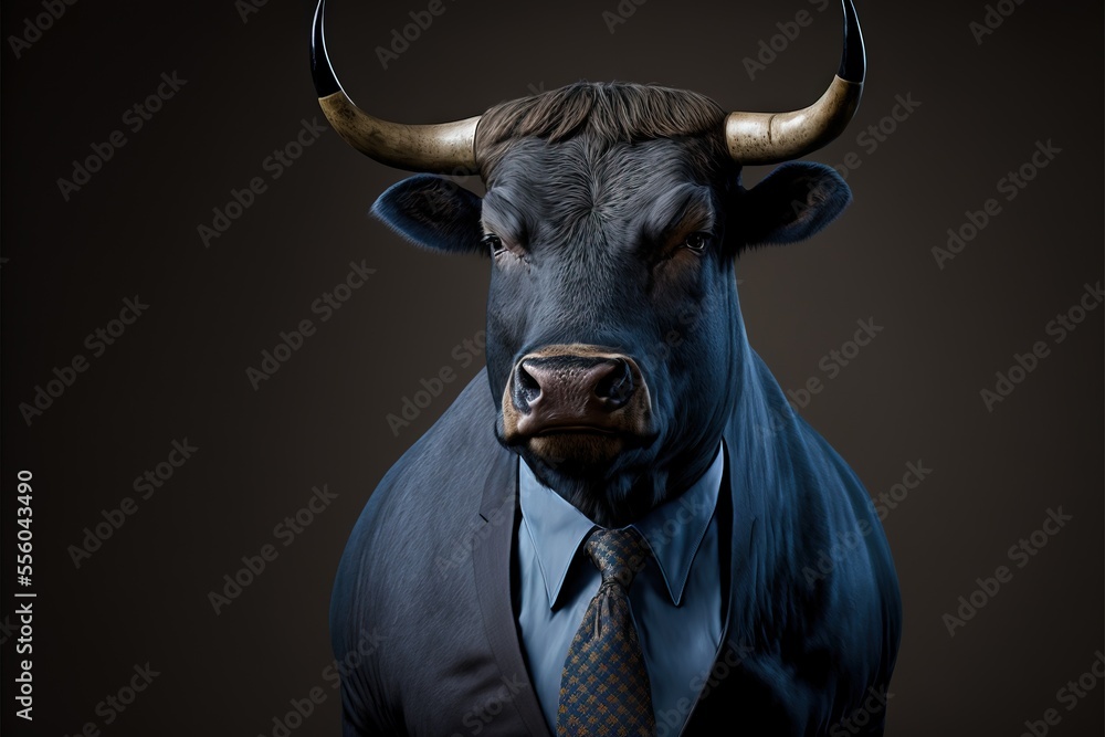 Poster a bull with horns and a tie on a black background with a dark background and a black backdrop with a