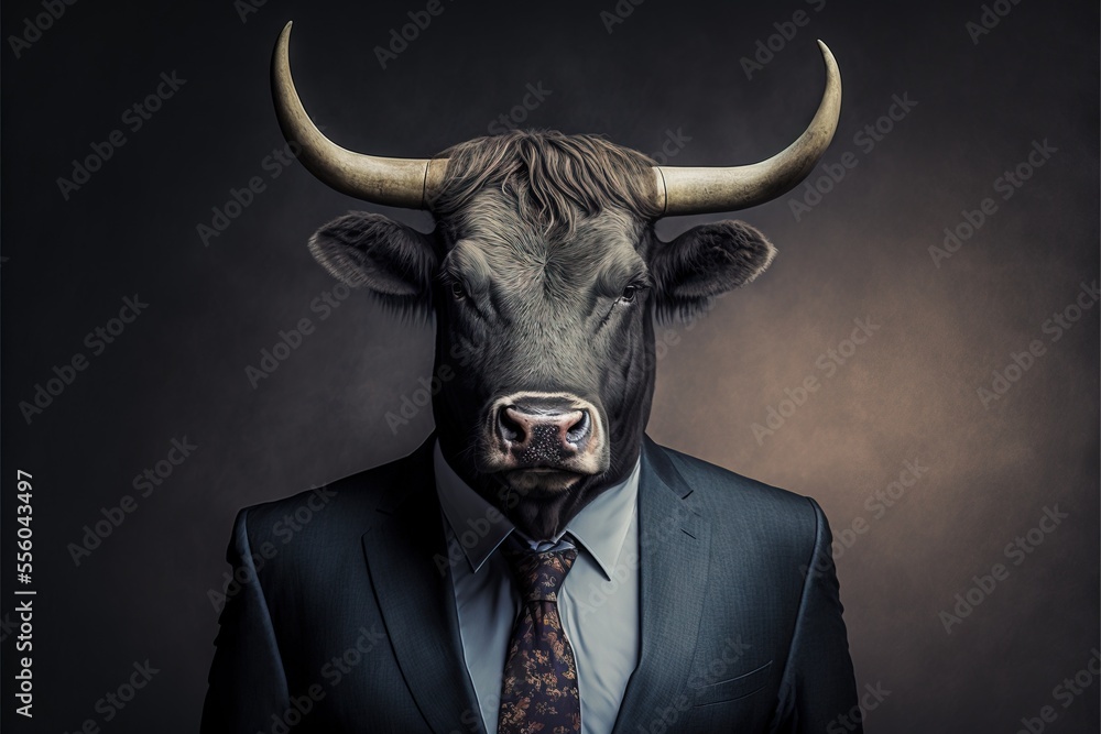Poster a bull wearing a suit and tie with a black background and a dark background with a black background 