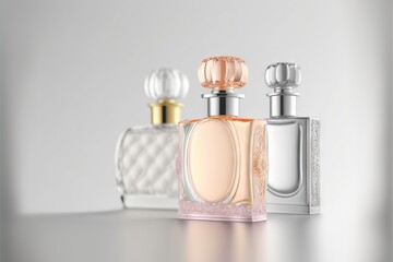  two bottles of perfume on a table with a white background and a silver background with a white and gold top. Generative AI