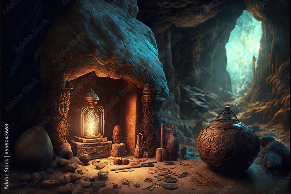 Aufkleber a cave with a lantern and a lantern on the ground next to it and a stone lantern in the middle. gene