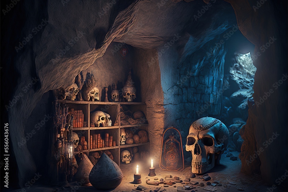 Poster a room with a skull and a candle in it and a shelf with skulls on it and a cave with a cave door. ge