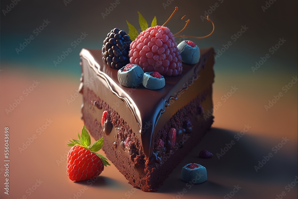 Poster a piece of cake with chocolate frosting and berries on top of it and a strawberry on the side. gener