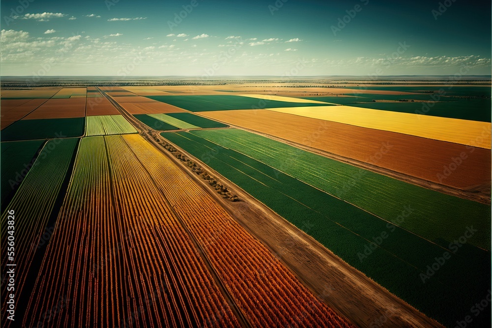 Poster a large field with a train on it's tracks in the middle of it and a blue sky above. generative ai