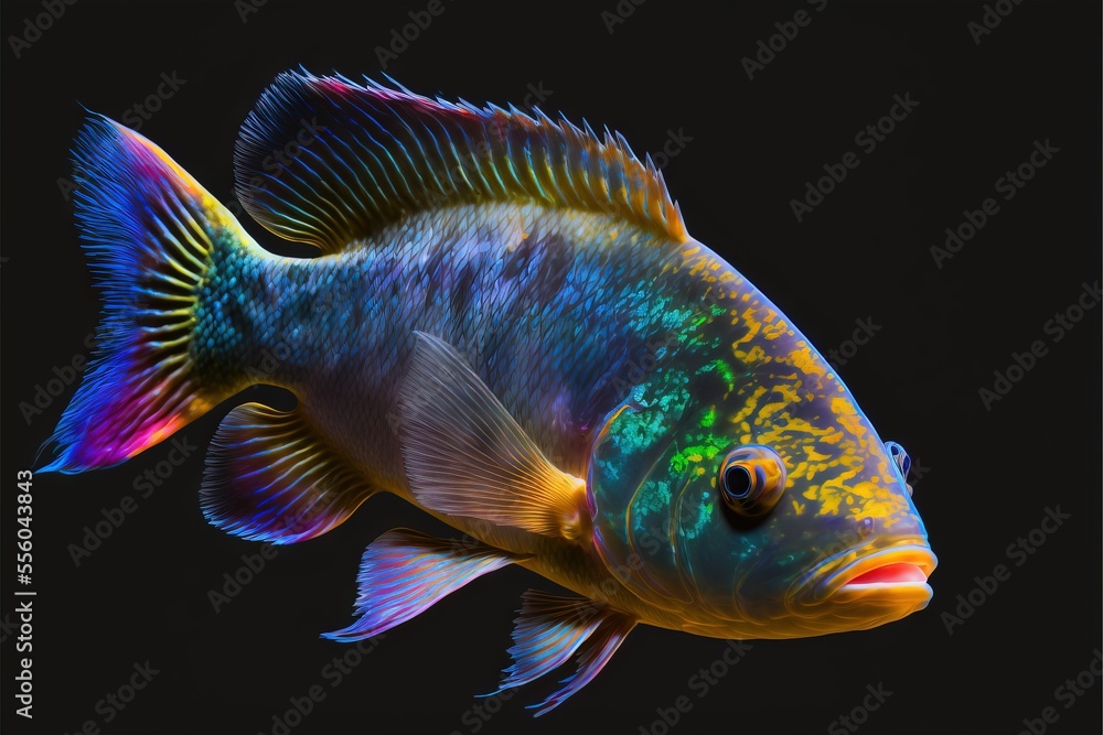 Poster a colorful fish with a black background is shown in this image. generative ai