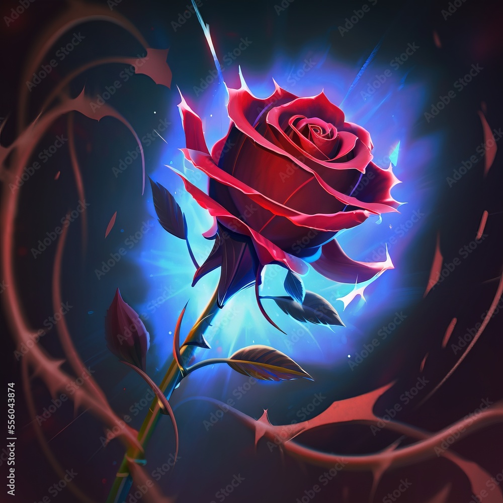 Poster a red rose with blue light shining through it's petals and leaves on a dark background with a swirly
