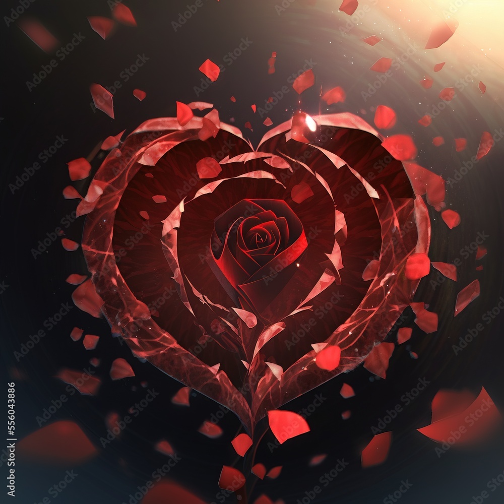 Poster a red rose with petals floating in the air with a black background and a red background with a red r