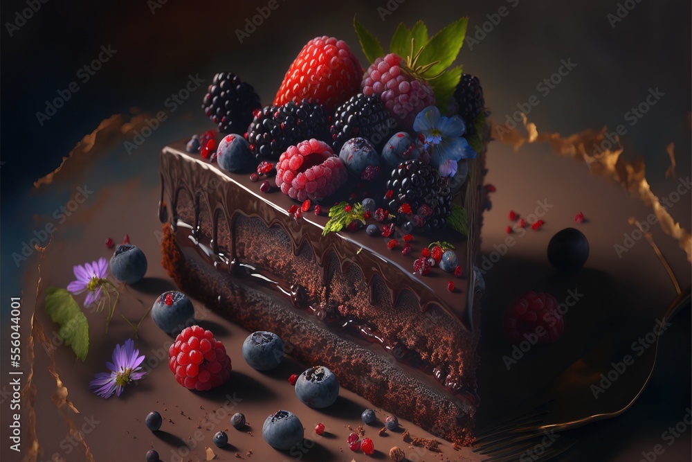 Poster a piece of chocolate cake with berries and blueberries on top of it and a fork in the foreground. ge