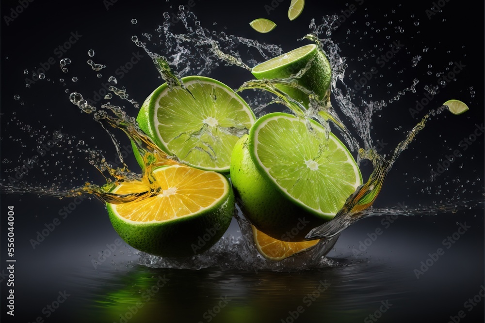 Poster a group of limes with water splashing on them and a slice of orange in the middle of the frame. gene