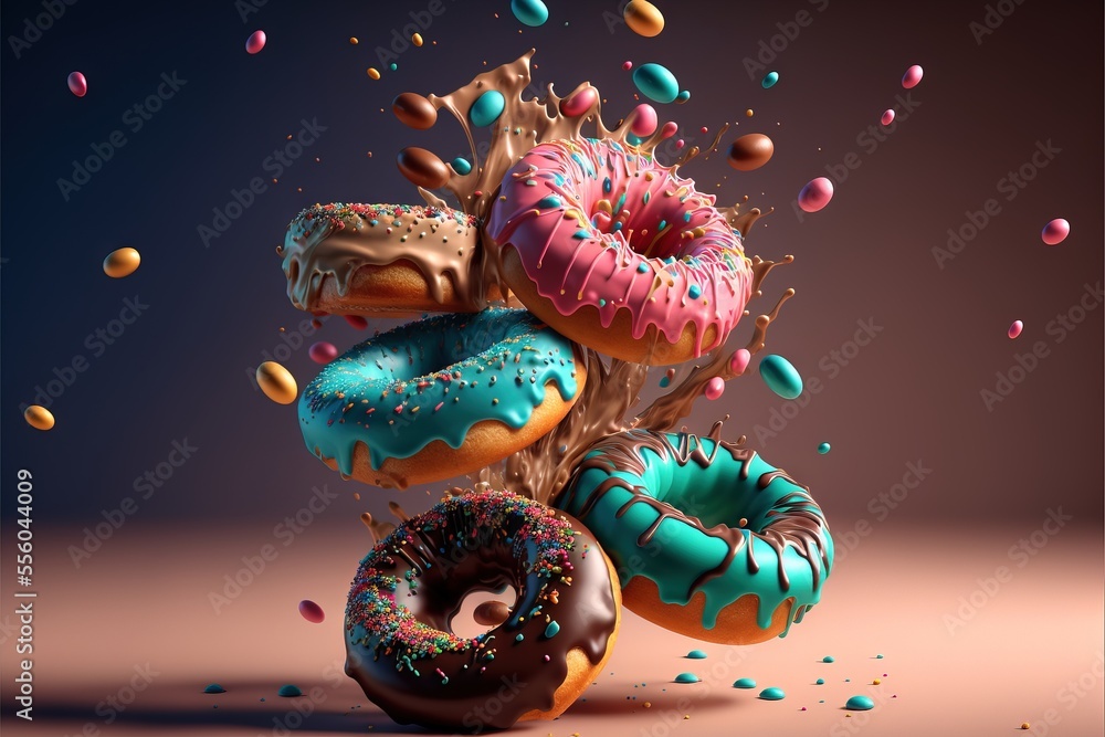 Poster a bunch of donuts are falling into the air with sprinkles on them and a tree. generative ai
