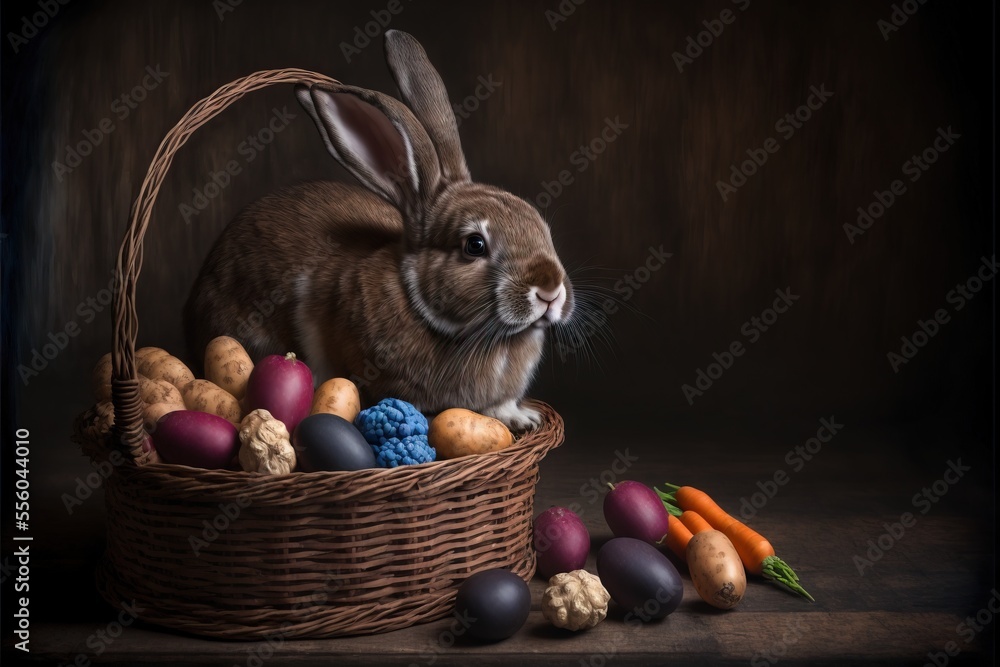 Poster a rabbit sitting in a basket with a basket of eggs and vegetables in front of it. generative ai