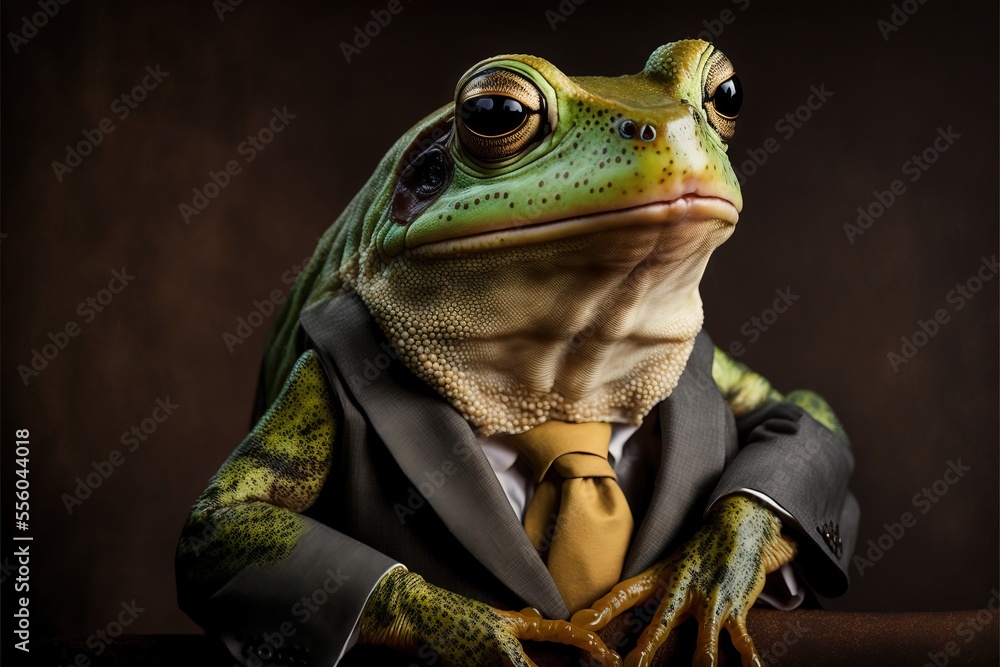 Poster a frog dressed in a suit and tie sitting on a table with his hands folded out to the side. generativ