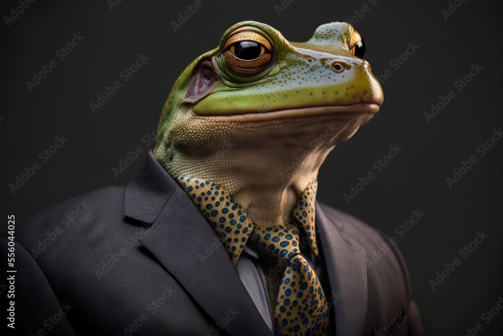 Poster a frog in a suit and tie with a black background and a black background with a black background and 