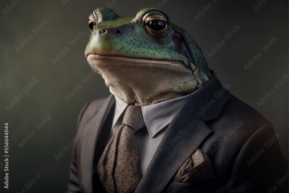 Poster a frog in a suit and tie with a dark background and a black background with a white spot in the midd