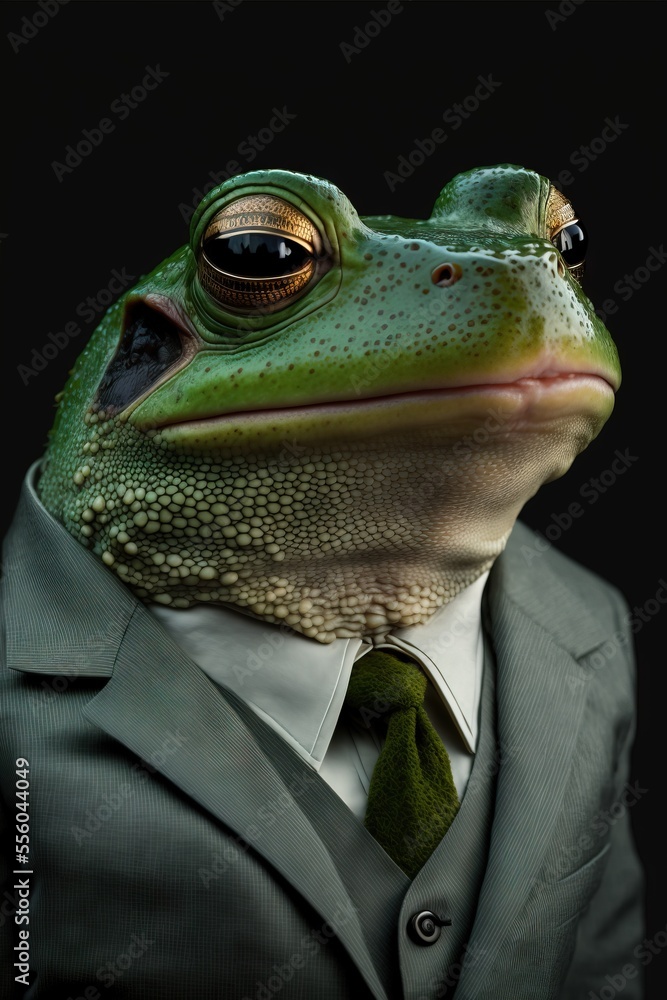Poster a frog in a suit and tie with a black background and a black background with a black background and 