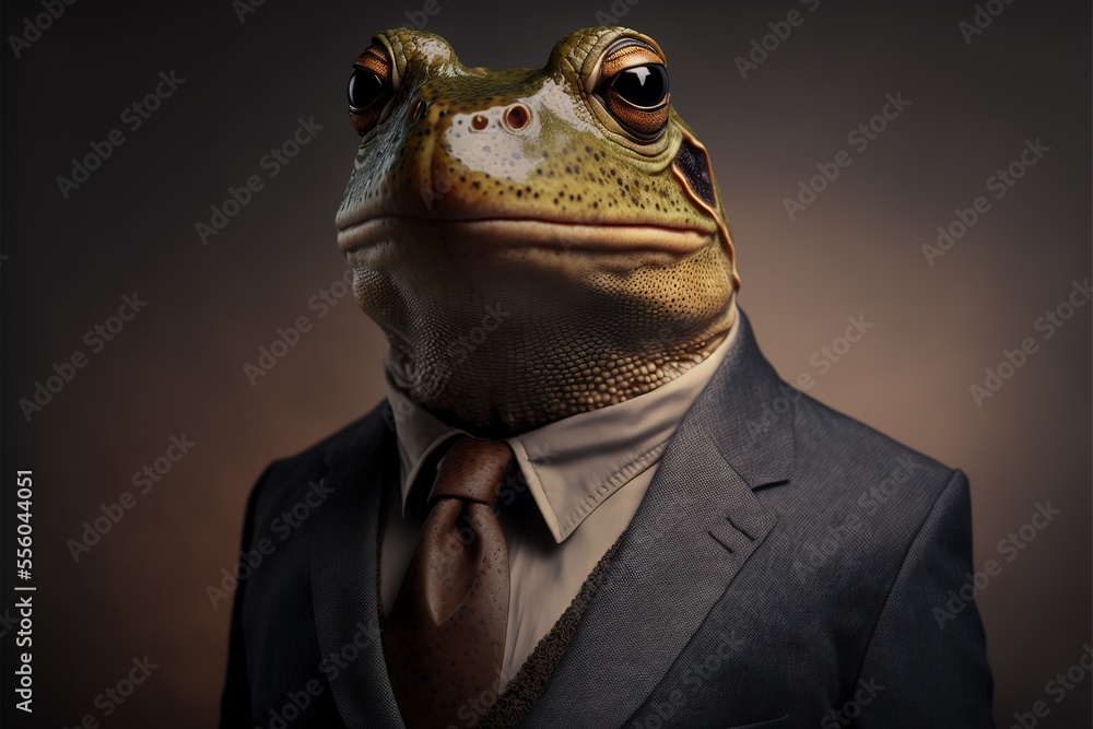 Poster a frog in a suit and tie with a dark background and a dark background with a black background and a 