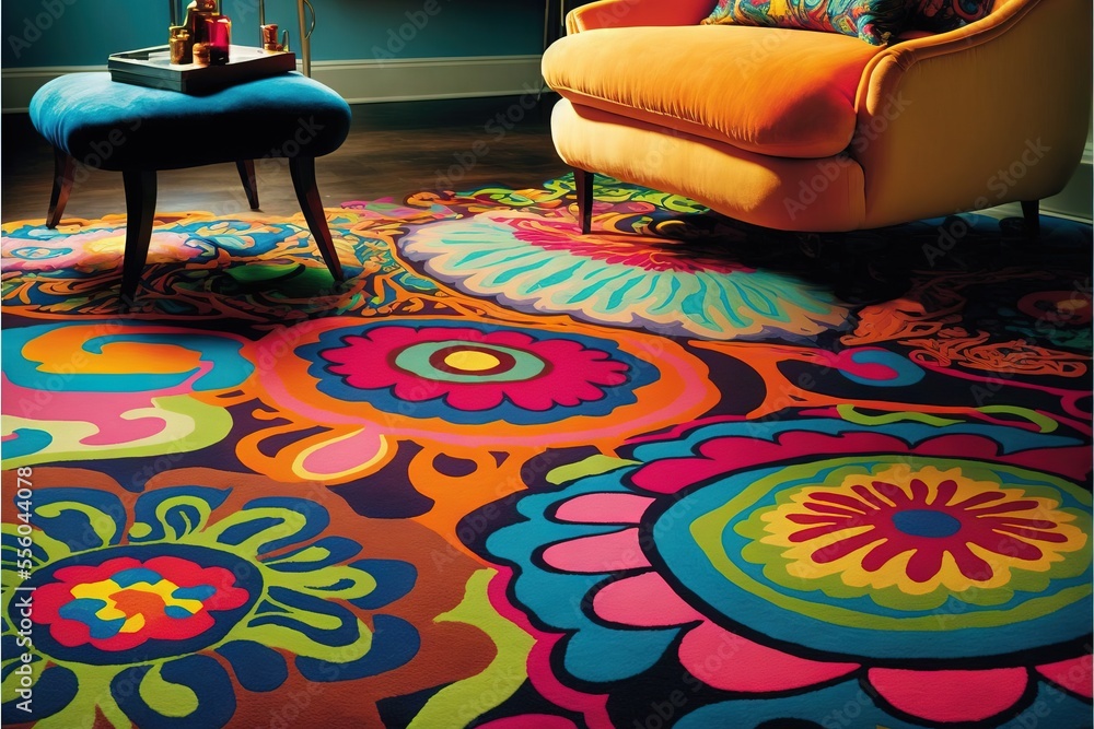 Poster a colorful rug with a chair and a table in the background with a lamp on it and a lamp on a table. g