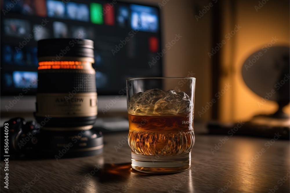 Poster a glass of whiskey sitting on a table next to a camera and a television monitor with a camera on it.