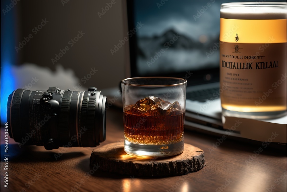 Poster a glass of whiskey next to a camera and a laptop computer on a table with a bottle of whiskey. gener