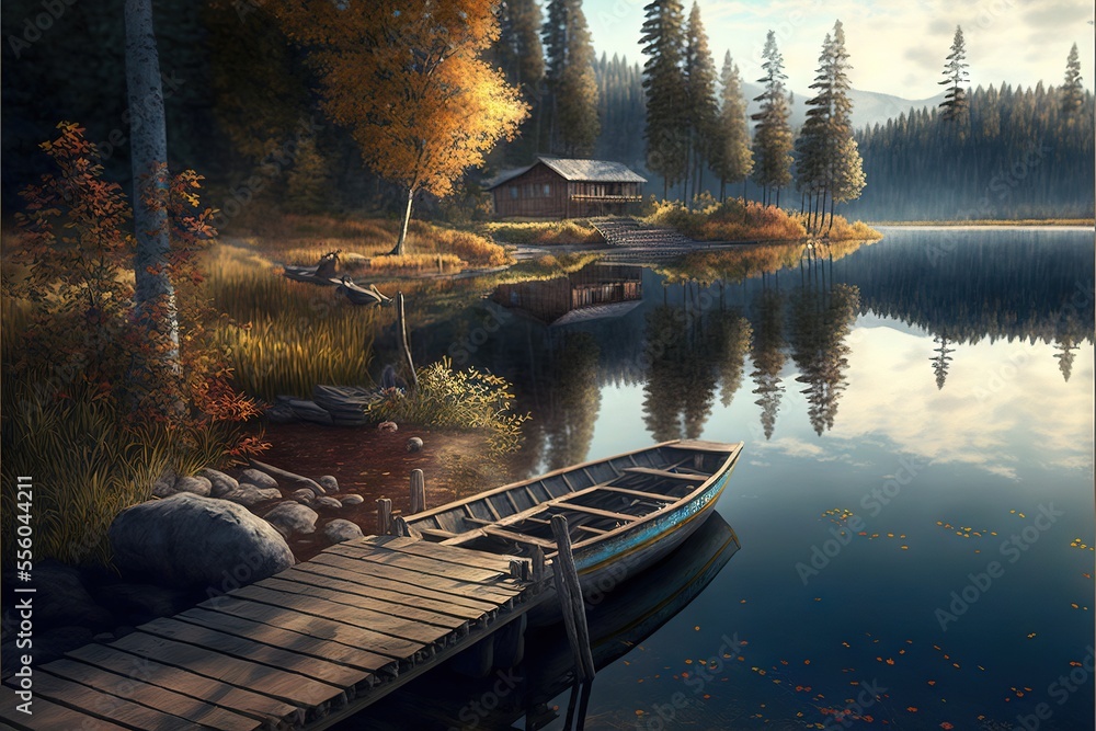 Poster a painting of a boat docked at a dock on a lake with a cabin in the background and a dock in the for