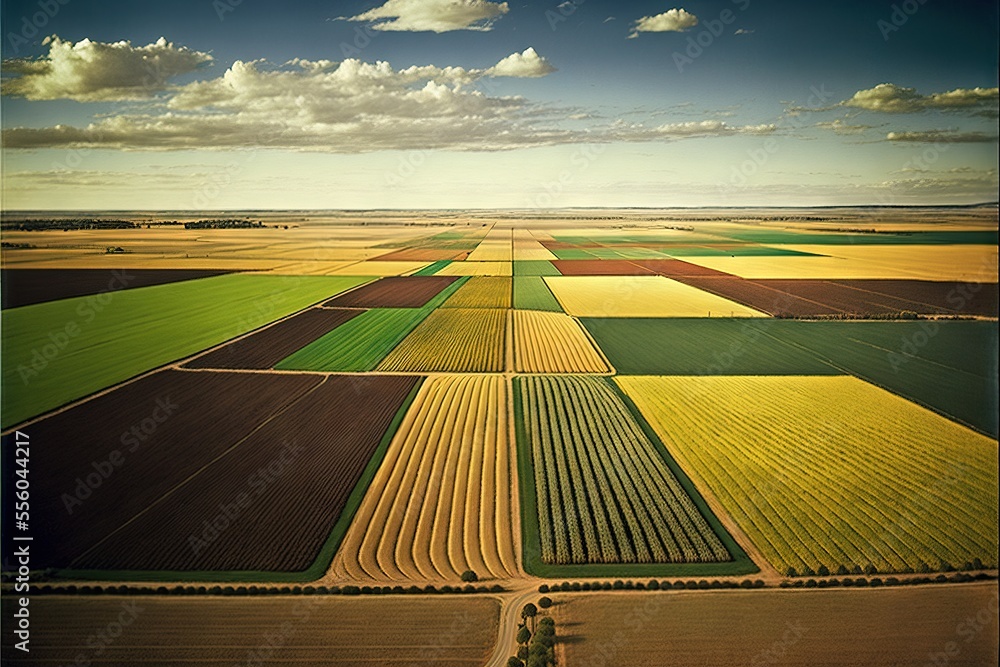 Poster a large field with a sky background and a few clouds in the sky above it and a road running through 