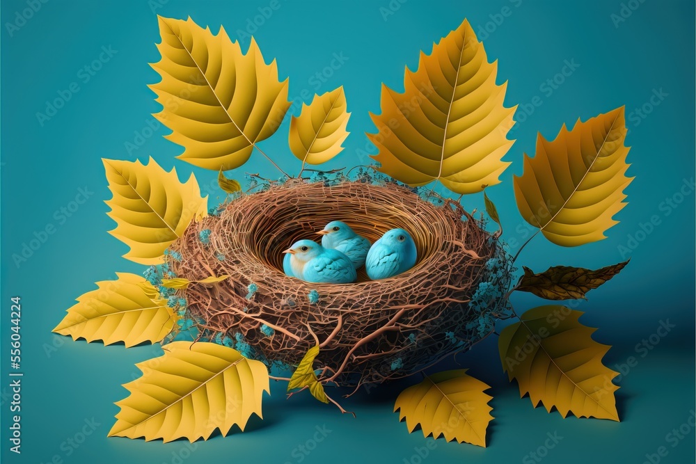 Poster a bird nest with two blue birds in it and yellow leaves surrounding it on a blue background with a g
