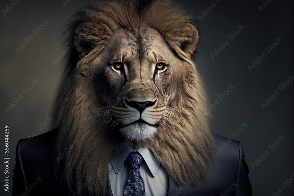 Poster a lion wearing a suit and tie with a dark background and a dark background with a white background a