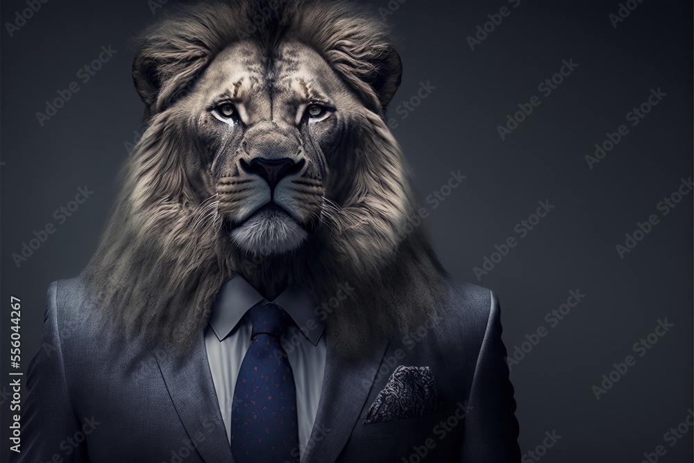 Poster a lion wearing a suit and tie with a black background and a dark background with a white background 