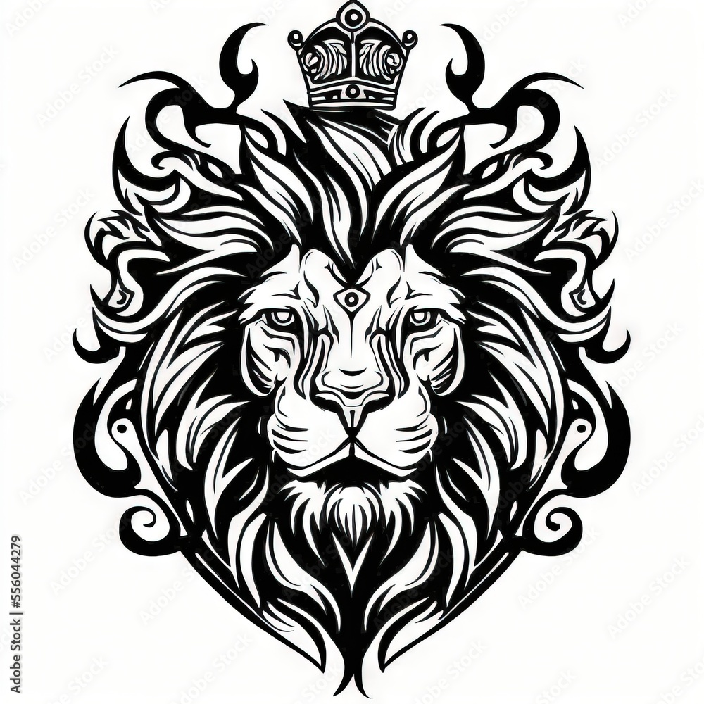 Poster a lion with a crown on its head and a pattern on its chest. generative ai