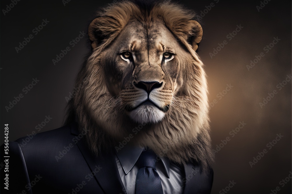 Poster a lion wearing a suit and tie with a dark background and a dark background behind it. generative ai