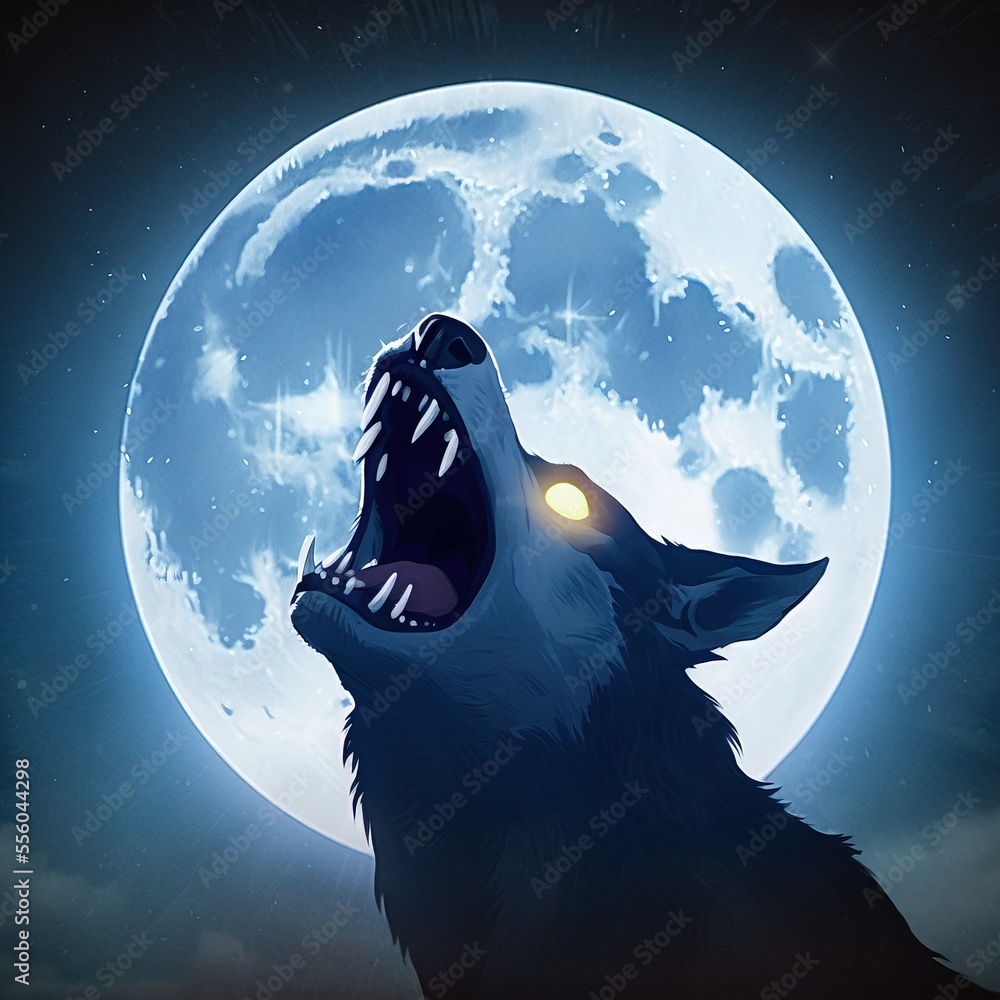 Poster a wolf is howling in front of a full moon with its mouth open and glowing eyes wide open. generative