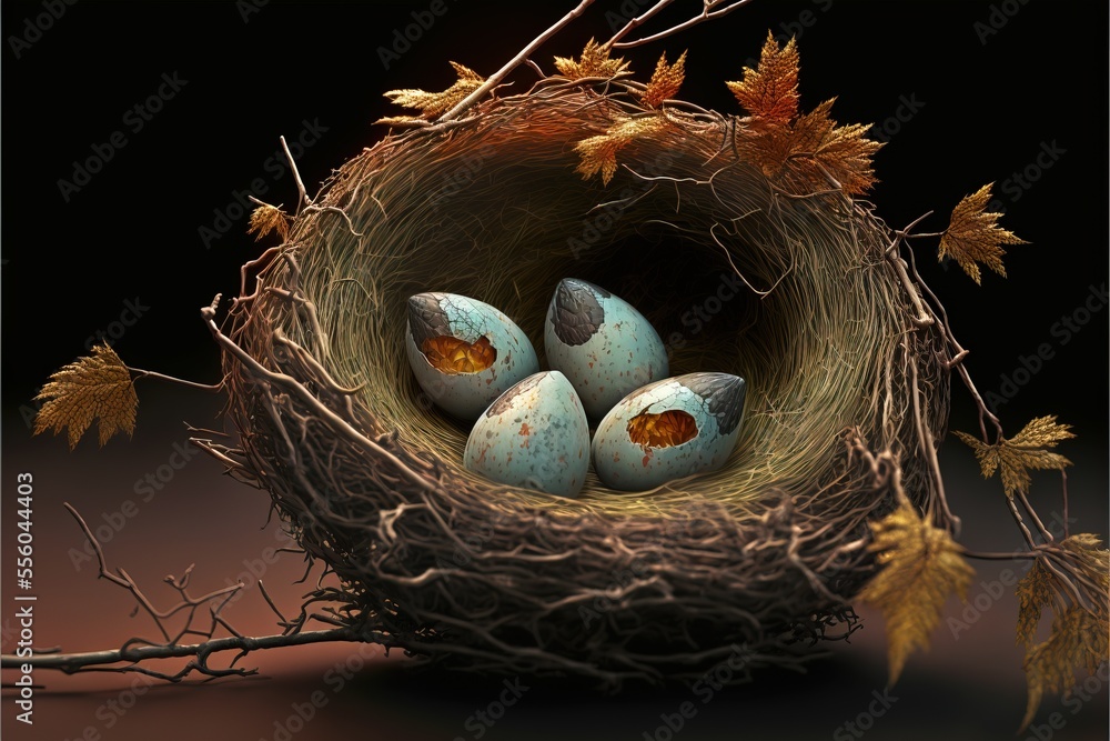 Poster a nest with four eggs in it on a branch with leaves and twigs around it. generative ai