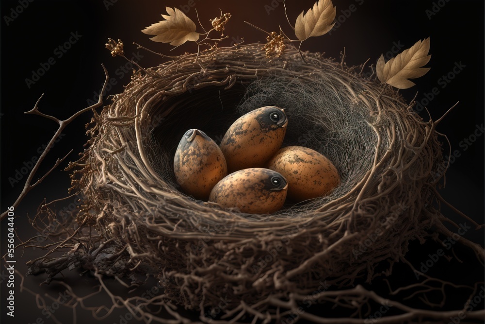 Poster a nest with four eggs in it and a few leaves on the branch above it. generative ai