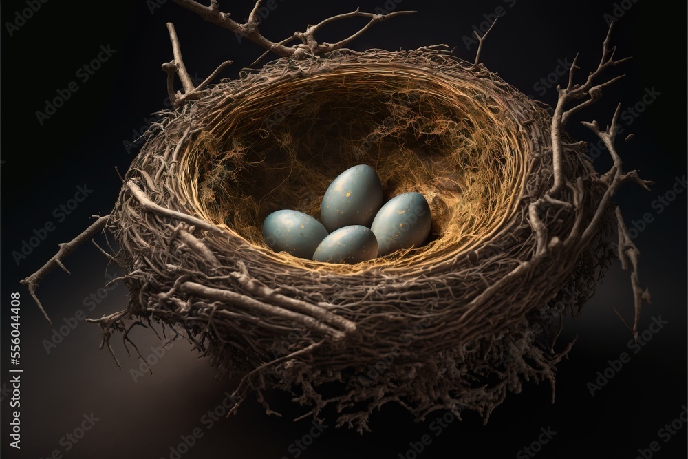Poster a nest with three eggs in it on a black background with a black background and a black background wi