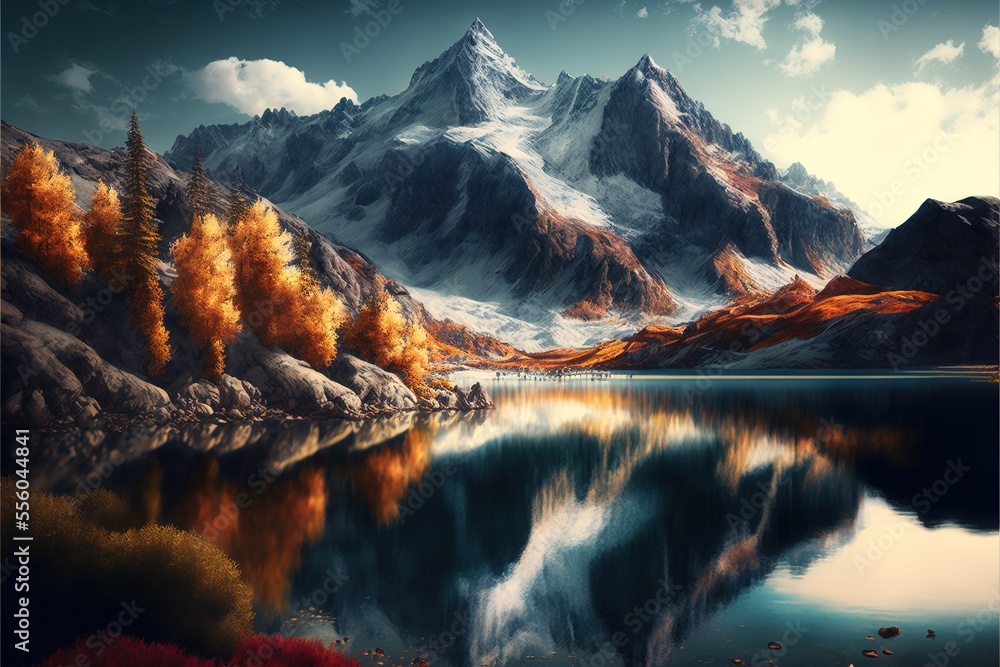 Poster a painting of a mountain range with a lake in front of it and a forest in the foreground. generative